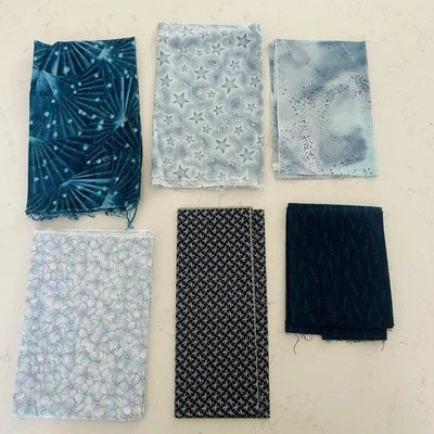 Cotton Quilt Fabric Remnants Lot of 6 Blue Prints Quilting Sewing Material #3 - Image 1 of 4