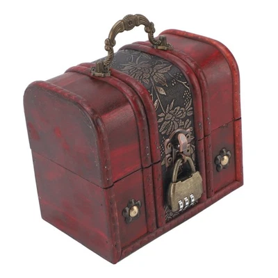Vintage Wooden Jewelry Box Retro Treasure Chest Trinket Case With Handle - Image 1 of 4