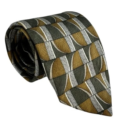 Corbata de seda Honors de colección para hombre ajustada estampado geométrico verde marrón 58x3 hecha en EE. UU. Foto 1 de 4