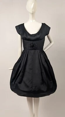VINTAGE 1950’S BLACK SILK DRESS W CUPPED SKIRT + BLACK FLORAL BEADING - Image 1 of 4