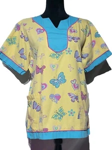 Women's M/L Uniform Top V Neck Multicolor Butterflies Flowers Tie Back - Picture 1 of 8