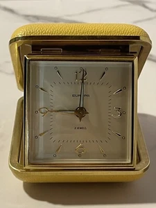 Vintage 1970er Jahre Europa 2 Juwelen Aufzieh Reisewecker gelb Hartschale - Bild 1 von 24