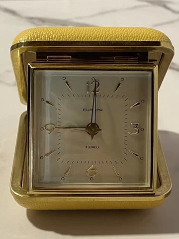 Vintage 1970s Europa 2 Jewels Wind Up Travel Alarm Clock Yellow Hard Case Cover