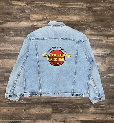 Vintage Golds Gym Spell Out Embroidered Denim Jacket Men Siz XL Serious Fitness - Image 1 of 4