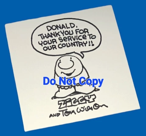 Rare Cartoonist Tom Wilson Hand Signed ZIGGY Sketch Picture Note For Serviceman Cover