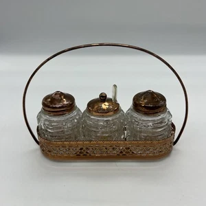 De colección Inglaterra Depresión Vidrio Cruet Caddy Sal Pimienta Coctelera Mostaza Cobre - Imagen 1 de 23