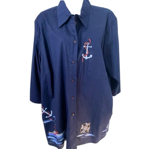 Copa Cabana Womens nautical Theme Button Front Shirt Plus Size 2XP Navy Blue NWT - Picture 1 of 9