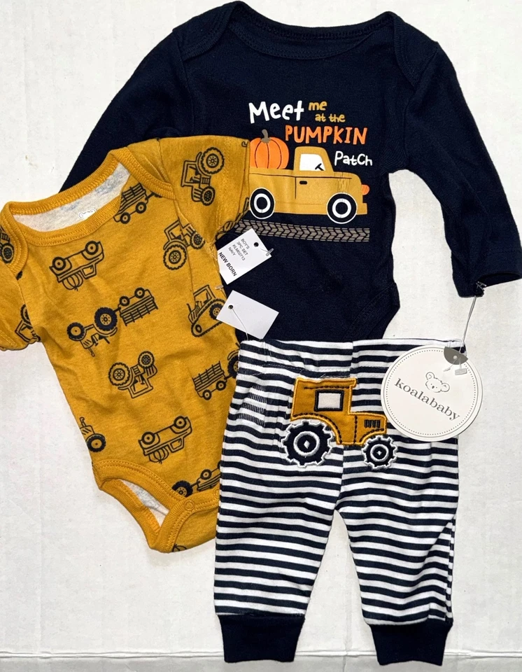 KOALA BABY 3 piece set navy/mustard FALL PUMPKIN TRACTOR size SMALL NEWBORN - Image 1 of 1