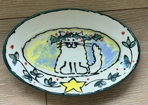 Studiokeramik oval Fuß handbemalt Katze Teller Platte Künstler signiert 9x6 - Bild 1 von 6