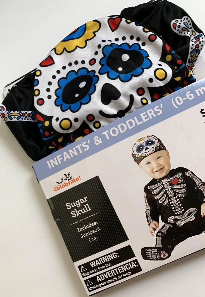 Celebrate Sugar Skull Skeleton Infant Costume 0-6 Months 2 Pc Jumpsuit Cap