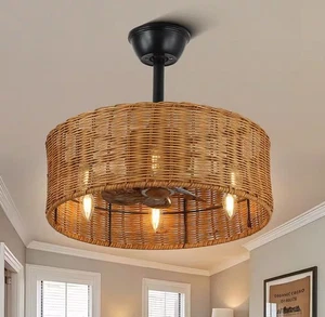 Cora 20 in. Indoor Brown Rattan Wicker Scandi-Style Ceiling Fan with Lights, Zen - Picture 1 of 7