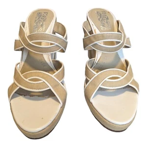 Pre-owned Salvatore Ferragamo Alerja Wmn's Sz 6.5 Sand/White Linen Wedge Sandals - Picture 1 of 7