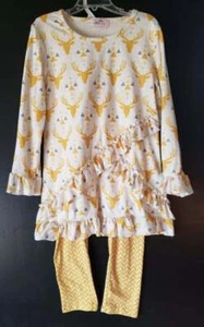 Pete & Lucy Girls Size 7 Yellow Gold Deer Head Print Theme Outfit Set Long Sleev - Picture 1 of 6