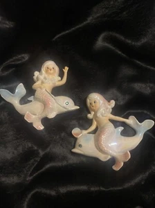 Lefton Vintage Mermaids Wall Plaque Riding Dolphins With Blue Jeweled Eyes 6445 - Picture 1 of 7