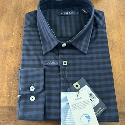 STONE ROSE Stretch Men's Lrg  Plaid Flannel Casual Button Front Blk/Blue $155 - Image 1 of 4
