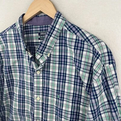 IZOD Shirt Mens XL Premium Essentials Plaid Button Up Woven Cotton Blue - Image 1 of 4