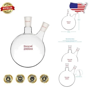 2 Liter Borosilicate Round Bottom Flask - Dual Neck with 24/40 Standard Joint - Picture 1 of 12