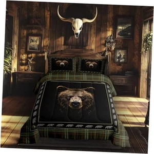Brown Bear Head Comforter Set Size 2 Pcs Rustic Farmhouse Vintage Twin Multi 17 - Picture 1 of 8