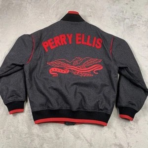 Perry Ellis Varsity Jacket Mens Large Grey Wool USA  Embroidered America Eagle - Picture 1 of 18