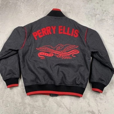 Perry Ellis Varsity Jacket Mens Large Grey Wool USA  Embroidered America Eagle - Image 1 of 4