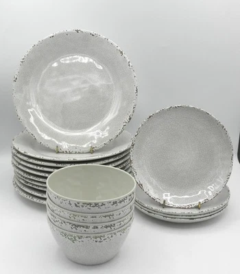 Tommy Bahama Beige Rustic Crackle Plate and Bowl Set of 18 Salad Dessert Bowls - Image 1 of 4