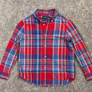 Ralph Lauren Red Plaid Button Down Long Sleeve Polo Shirt Youth Size 6 Cotton - Picture 1 of 6
