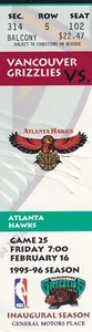 1995-95 Vancouver Grizzlies vs. Atlanta Hawks Inaugural Season Ticket - Picture 1 of 2