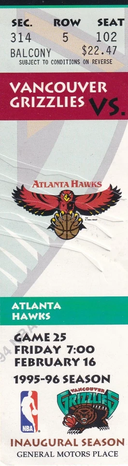 1995-95 Vancouver Grizzlies vs. Atlanta Hawks Inaugural Season Ticket - Image 1 of 2