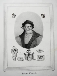 Lukas Cranach Künstler Maler echte alte Lithographie aus Saxonia 1837 - Picture 1 of 1