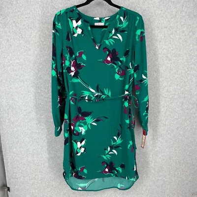 Merona Long Sleeve Floral Shift Dress Size S Green Purple Tie Waist Tassel NEW - Image 1 of 4