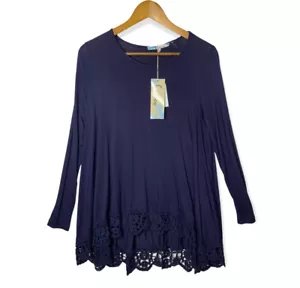 Cecico Women Navy Blue Tunic Top High Low Long Sleeve Crochet Hem tunic Size S - Picture 1 of 6