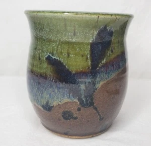 Studio Art Pottery Vase Stonewear Green Blue Brown Nature Tones Succulent Signed - Picture 1 of 12
