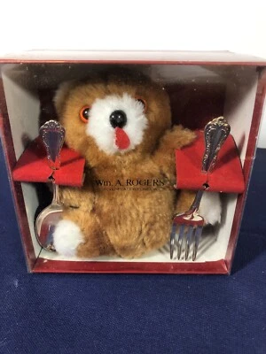 WM A  Rogers Baby Silver Plated Spoon Fork Set with Stuffed Bear Vintage 70s New - Image 1 of 4