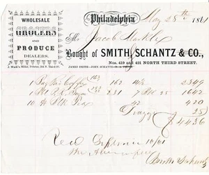 FACTURA CABEZA DE FACTURA 1861 - SMITH SCHANTZ & CO - SUPERMERCADOS Y PRODUCTOS - FILADELPHIA - Imagen 1 de 1