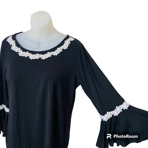Peter Nygard Petite Blouse PS Pullover Boat Neck Long Sleeve Bell Lace Trim - Picture 1 of 7