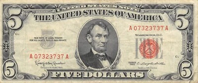 USA  $5  Series of 1963  Block A - A  Red seal  Circulated Banknote Z6 - Image 1 of 2