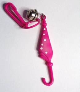 Vintage 1980s Plastic Bell Charm Pink Polka Dot Umbrella Clip on - Picture 1 of 3