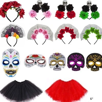 Day Of The Dead Fancy Dress Accessories Adult Kids Halloween Costume Mask Lot UK - Image 1 of 4