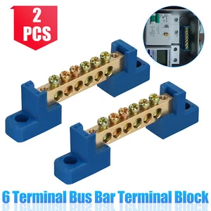 2X 6 Terminal Bus Bar Block Power Distribution Brass Wire Screw Grounding Strip - Picture 1 of 9