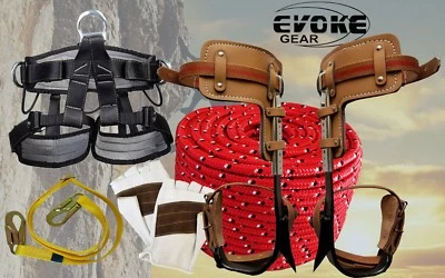 EVOKE GEAR Tree Climbing Spike Set Spurs Climber Adjustable Harness + Half Glove + 1/2"Rope