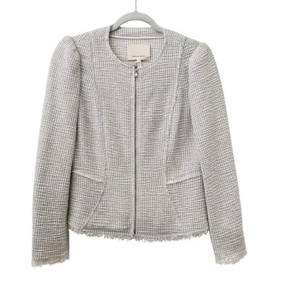 Rebecca Taylor Gray White Metallic Stretch Tweed Full Zip Jacket Size 6 - Image 1 of 4