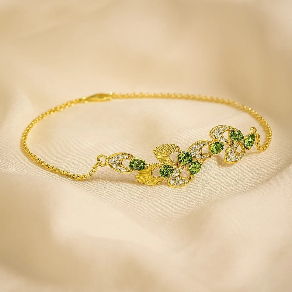 Natural Peridot and Diamond Bracelet 14K Solid Gold – August Birthstone # 1014 - Image 1 of 1