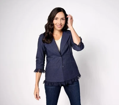 Isaac Mizrahi Live! Stretch Woven Blazer Jacket with Lace Trim Dark Navy 16 New - Image 1 of 3