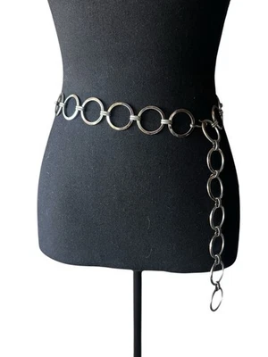 "Cinturón de cadena de eslabones circulares vintage tono plata ajustable Boho Y2K cinturón de metal 36""" Foto 1 de 4