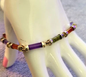 Sterling Silver Colorful Multi Stone Link Bracelet Extra Length 8.5 In - Picture 1 of 8