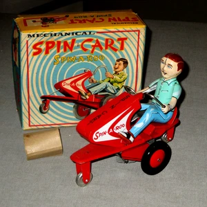 1950'S SPIN-CART- SPIN-A- ROO-WIND UP TIN TOY- MIB- ALPS JAPAN 6"-UN-PLAYED WITH - Picture 1 of 23