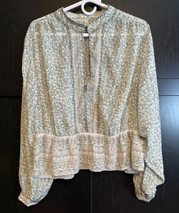 Free People If I Had You bedruckte Perlen Langarm transparente Bauernbluse Large - Bild 1 von 11