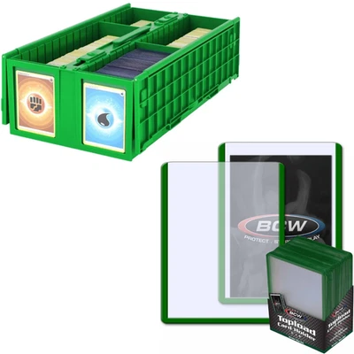 BCW 1600 Card Bin (Green) + 200 Green Border 3x4 Toploaders Storage - Image 1 of 4
