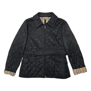 Burberry London Women's Jacket M Black Quilted Nova Check Liner Zip Belted EUC - Picture 1 of 11