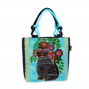 Laurel Burch Cat Kitty Noir Flowers Greek Key MEDIUM Tote Bag 10 x2.25 x12" New - Picture 1 of 5